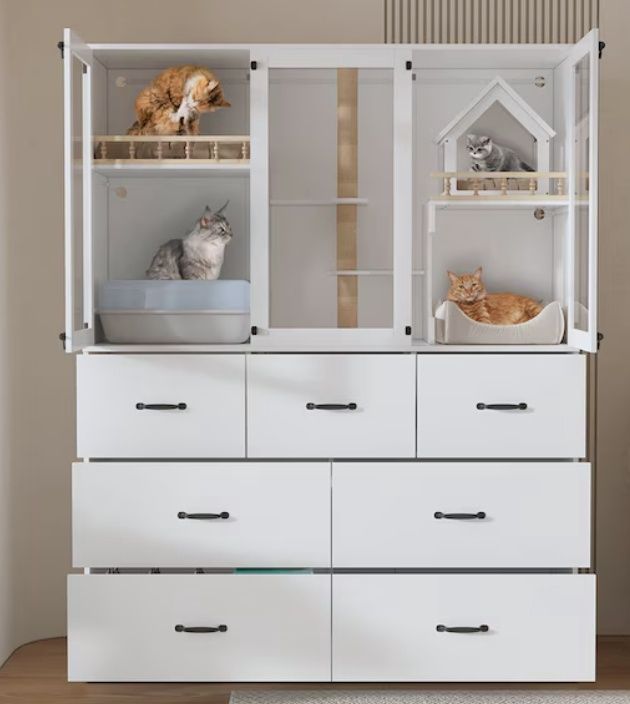 Homsee Multi-functional Cat Cabinet with Glass Viewing Panels 7 Storage Drawers