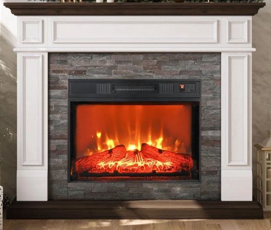 43" Freestanding White Electric Fireplace Brown Mantel Corner-Fit