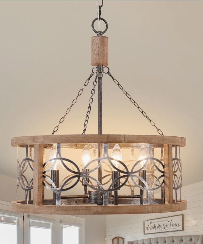 Ambrose 19.7" Solide Wood Chandelier 4-Light Cottage Farmhouse Caged