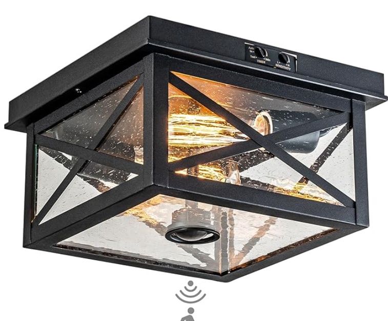 Outdoor Ceiling Light with Motion Sensor, Black Flush Mount Farm House Porch