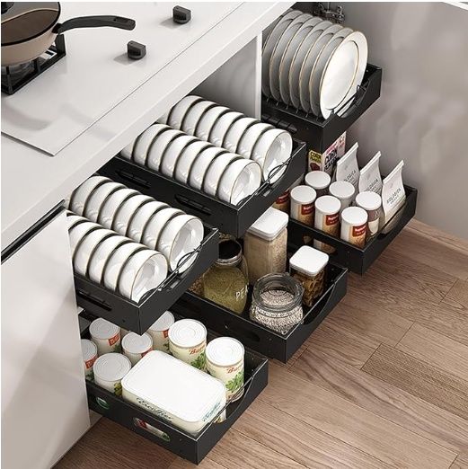 Pull Out Cabinet Organizer Drawers for Storage, Sliding Shelf Drawer, Peel and Stick