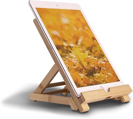 Bamboo Tablet Stand Holder - Adjustable Folding Wood iPad Stand