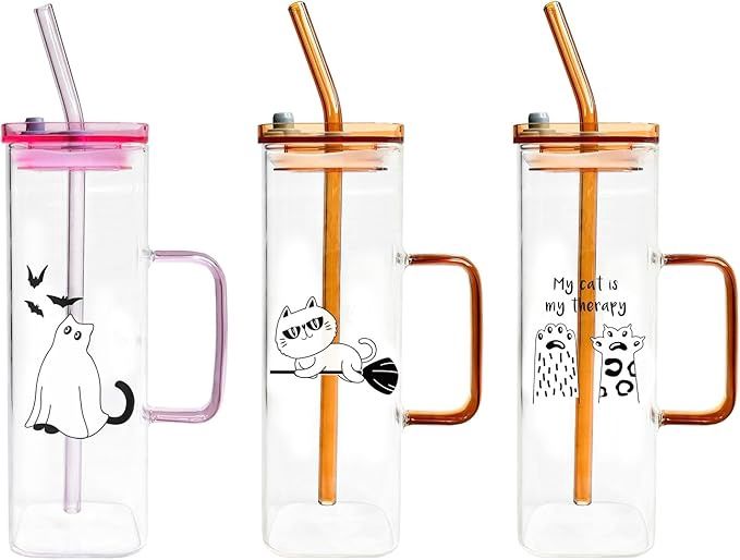 3pcs 18oz Amber Glass Cup with Handle, Cup with Straws and Lids