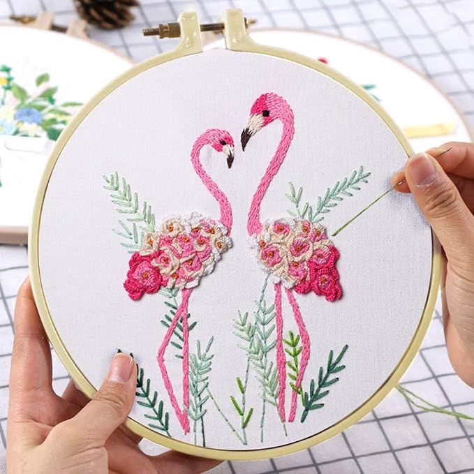 Konrisa Flamingo Embroidery Kit for Beginners with Pattern Floral Stamped