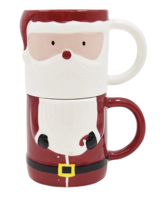 Holiday Time 2 pack Stoneware Christmas Santa Claus Stacked Mug, 22.4 oz, Festive Drinkware