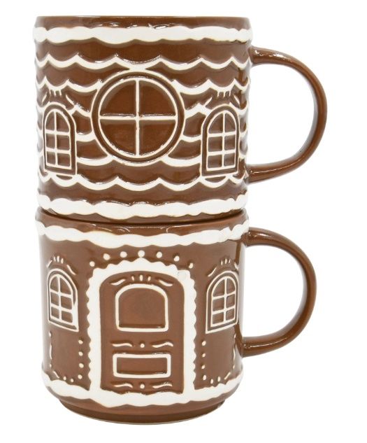 Holiday Time 2 pack Stoneware Gingerbread House Stackable Mug, Brown, Festive Drinkware