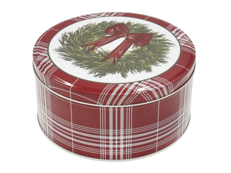 Holiday Time Christmas Red Bow Wreaths Metal Round Gift Tin with Lid, Red White Plaid, Large