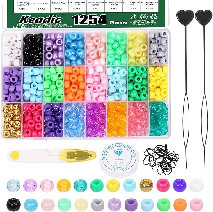 Keadic 1254Pcs 24 Colors Pony Beads for Jewelry Making, 9 mm Rainbow Hair Beads