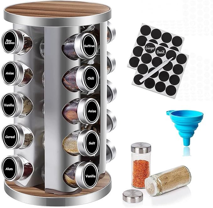 Rotating Spice Rack Organizer with Jars(20Pcs), Seasoning Organizer for Cabinet, Colour: Silver