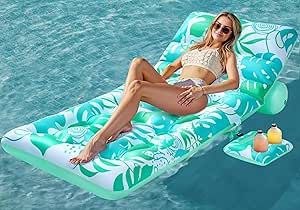 Sloosh Inflatable Pool Float Adult - Tropical Leaves Pool Floaties Lounger, Colour: Green