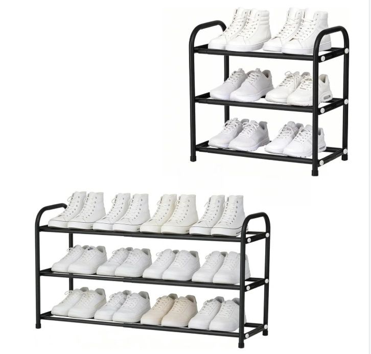ASULUPHY Black Expandable Shoe Rack, 3 Tier Metal, 17" - 30.7" × 9.5"