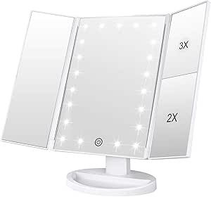WEILY Vanity Makeup Mirror,1x/2x/3x Tri-Fold Makeup Mirror with 21 LED Lights