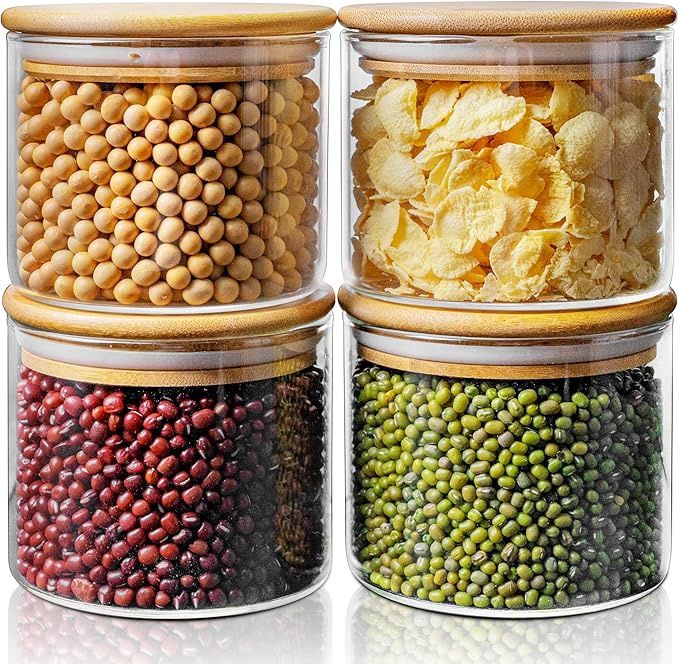 Glass Jars with Bamboo Lids 17oz [Set of 4], Salad Fruit Meal Prep Jars with Lids