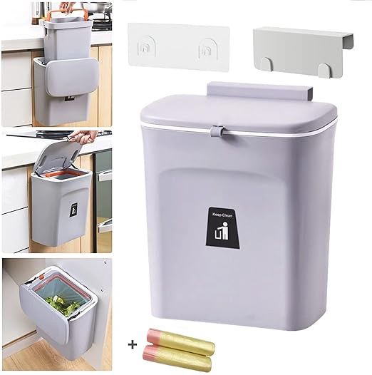 Hanging Trash Can with Lid for Under Sink or Cabinet Door, 2.4 Gallon Kitchen