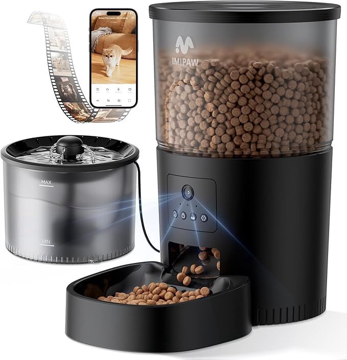 IMIPAW Automatic Cat Feeder with Camera and Water Fountain, HD AI Pet Recognition