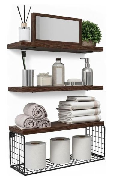 Bathroom Shelves over Toilet, Floating Bathroom Wall Shelves with Wire Basket