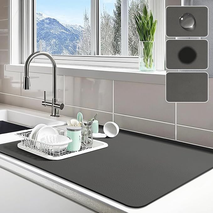 Dish Drying Mat for Kitchen Counter, Colour: Dark Grey, Size: 18" x 28"