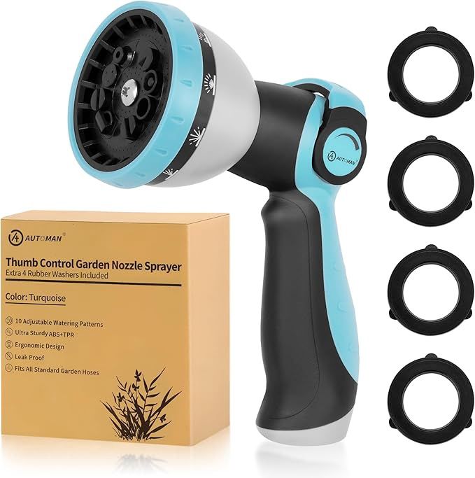 AUTOMAN Garden Hose Nozzle -10 Spray Patterns Hose Sprayer, Colour: Turquoise