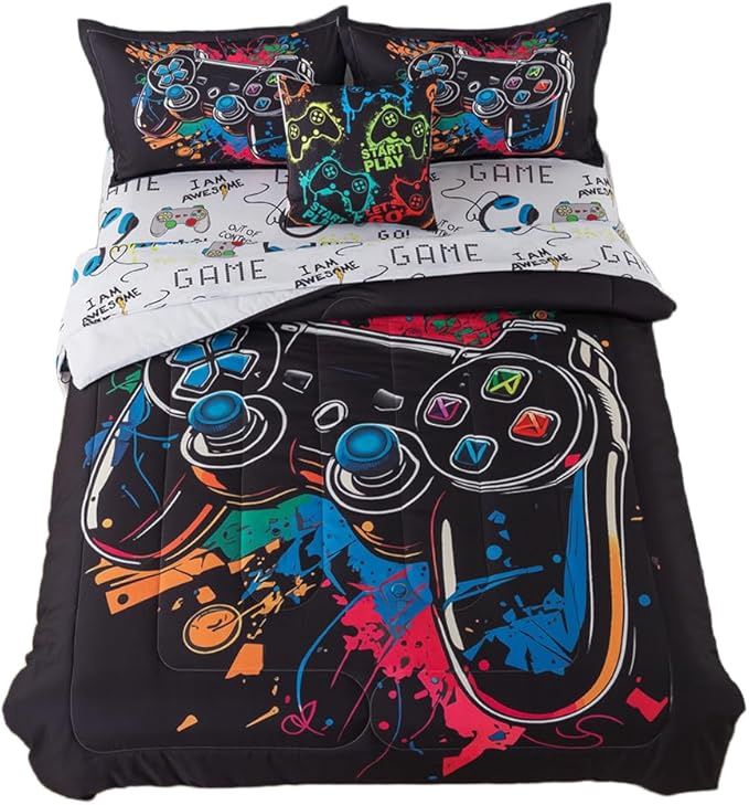 qjmiaofang 6 Pieces Gamer Comforter Set for Boys Gaming Bedding Set Twin Size