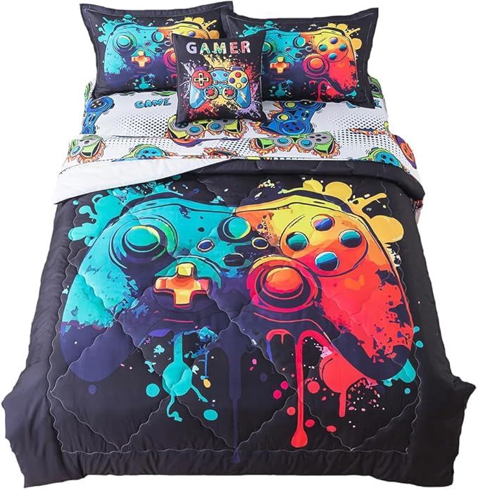 ADASMILE A &amp; S Gamer Bedding Twin Kids Gaming Comforter 6Pieces Gamer Bed