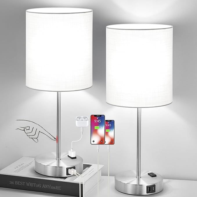 Set of 2 Touch Control Table Lamps with 2 USB Ports &amp; AC Outlet, 3-Way Dimmable