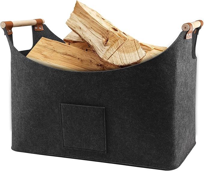 70L Extra Large Firewood Log Carrier Basket with Wooden Handles