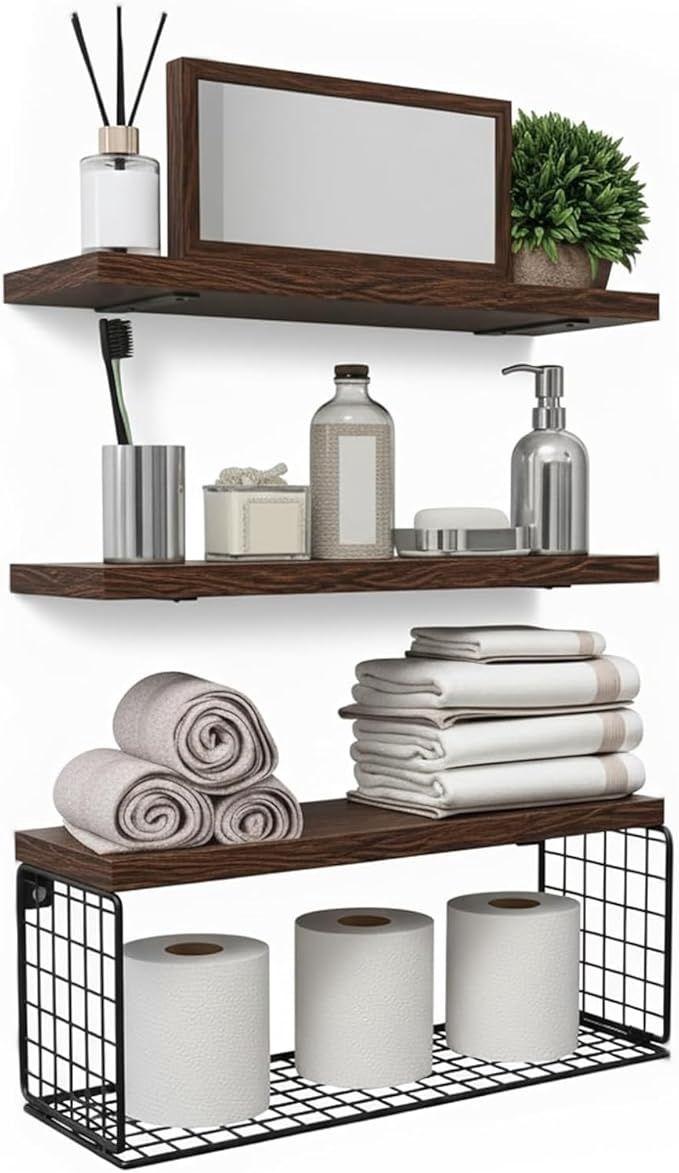 Bathroom Shelves with Wire Storage Basket, Floating Shelves Over Toilet