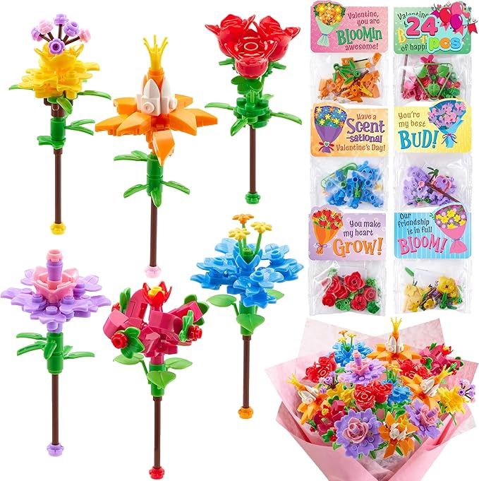 JOYIN 24 Pcs Valentine's Day Flower Bouquet Building Blocks with Cards