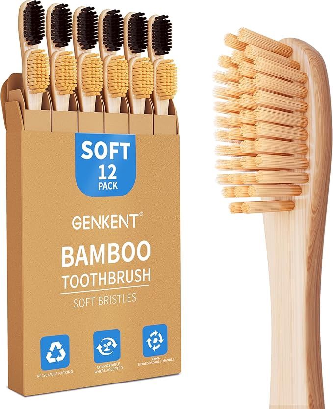 GENKENT 12 Counts Bamboo Toothbrush with BPA Free Soft Bristles Natural Bamboo