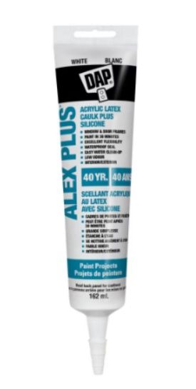 DAP ALEX PLUS® All-Purpose Acrylic Latex Caulk Plus Silicone White 162 mL (Squeeze Tube) DAP ALEX PLUS® All-Purpose Acrylic Latex Caulk Plus Silicone White 162 mL (Squeeze Tube)