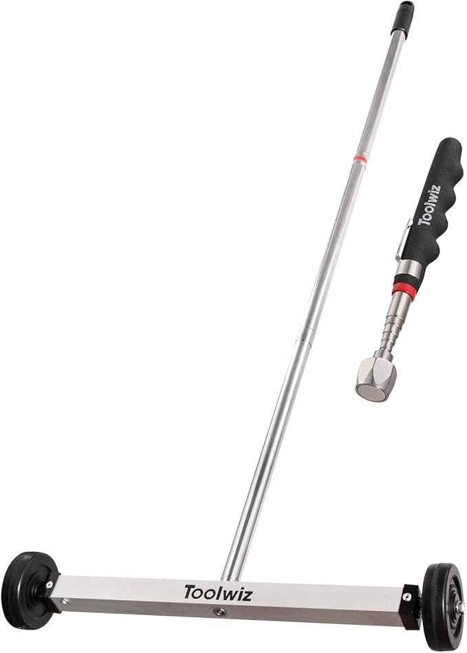 Toolwiz 17" Rolling Magnetic Sweeper 8.8lbs, with 16 lbs Telescopic Magnetic Pick Up Tools