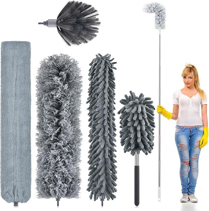 PACETAP 6Pcs Microfiber Duster Kit with Stainless Steel Extension Pole(30to100'')