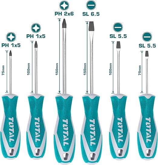 TOTAL Set of 6 Screwdrivers with Slotted and Phillips Phillips by INECO