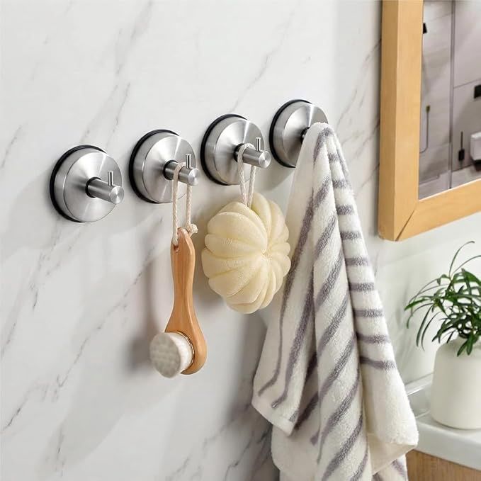 Suction Cup Hooks Wall Hooks, No Drill Traceless Stainless Steel Hooks for Bathroom Silver Suction Cup Hooks Wall Hooks, No Drill Traceless Stainless Steel Hooks for Bathroom Silver
