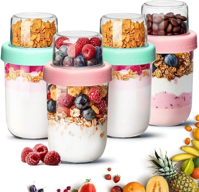 ComSaf Overnight Oats jars with Lids （16oz+4oz 4Pcs）, Dual-Laryer Chia Pudding Jars