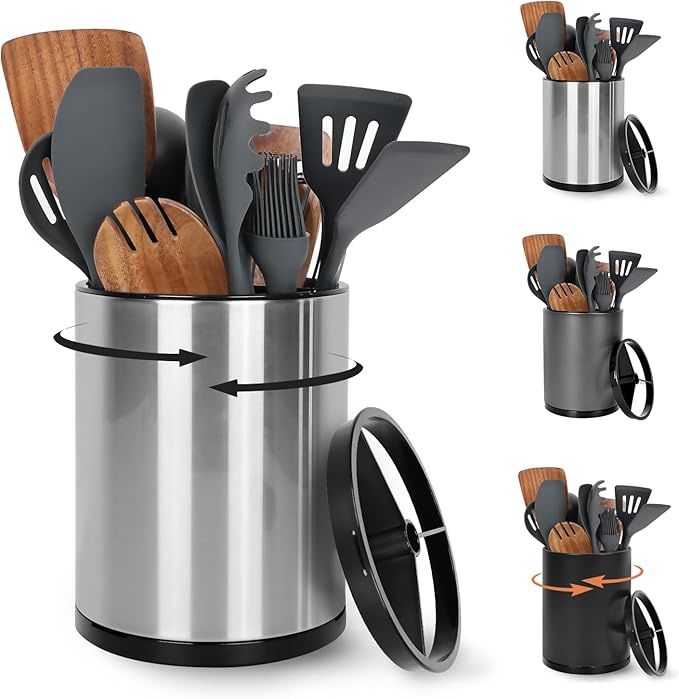 Extra Large Kitchen Utensil Holder, 360° Rotating Stainless Steel Cooking Utensil Holder