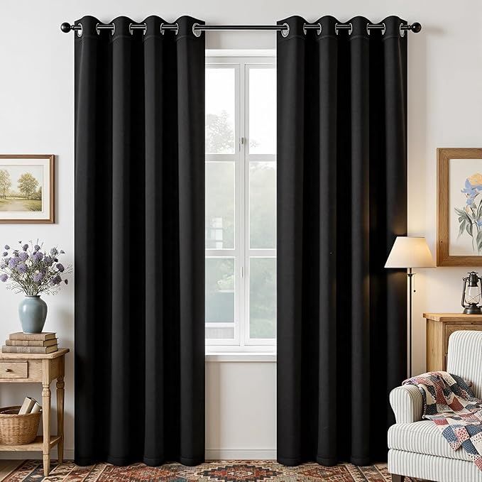 Joydeco Blackout Curtains 90 Inch Length 2 Panels Set (W52 x L90 Inch, Black)
