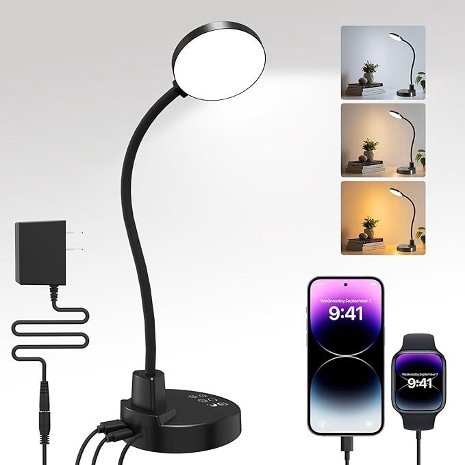 15W LED Desk Lamp with USB C &amp; USB-A Port, 3 Color Temperatures, 5 Brightness