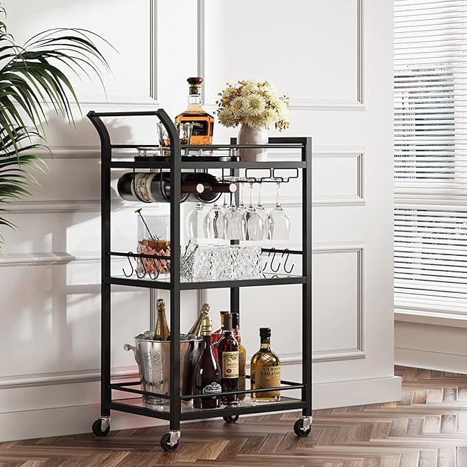 TUTOTAK Bar Cart, Home Bar Serving Cart with 3-Tier Mirrored Shelf,