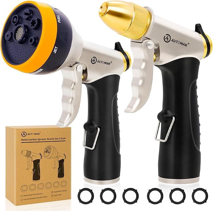AUTOMAN Garden Hose Nozzles - High Pressure 100% Metal Hose Sprayer Nozzle 2 Pack