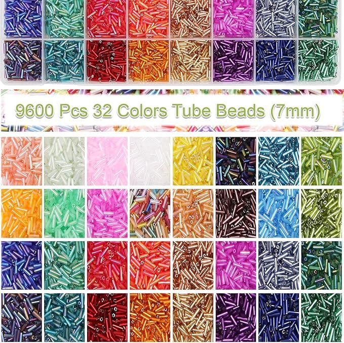 EuTengHao 9600Pcs Tube Beads Kit 7mm Glass Bugle Seed Beads for Jewelry Making