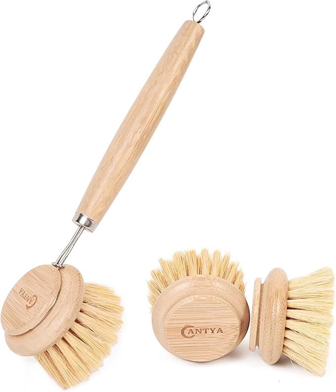 Bamboo Scrub Brush with Handle - Soft Bristles, Non Toxic Dish Brush