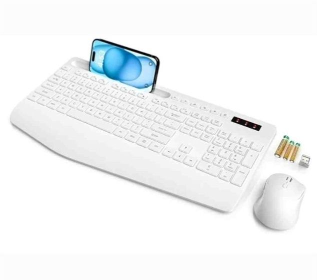 Wireless Keyboard and Mouse, Ergonomic Wrist Rest, Phone Holder, 2.4G Lag-Free