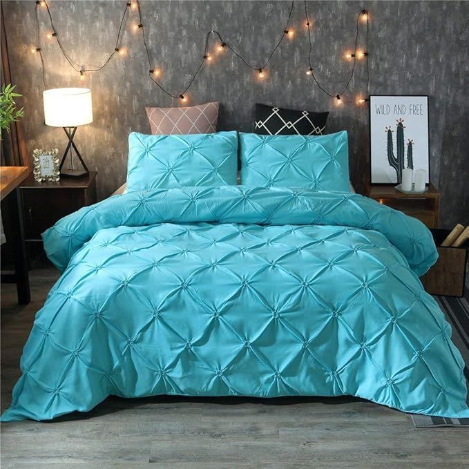 feelyou 3 Pieces Queen Duvet Cover Set Aqua Blue Microfiber Polyester Bedding Pinch Pleated