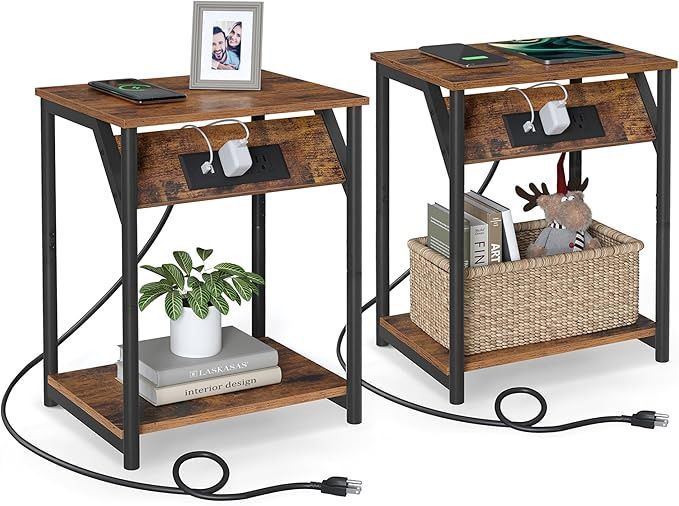 VASAGLE Side Tables with Charging Station, Set of 2 End Tables with USB Ports and Outlets
