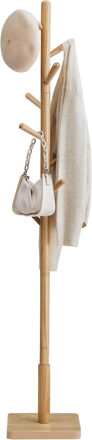 VASAGLE Solid Wood Coat Rack, Free Standing Hall Coat Tree with 8 Hooks, Colour: Beige