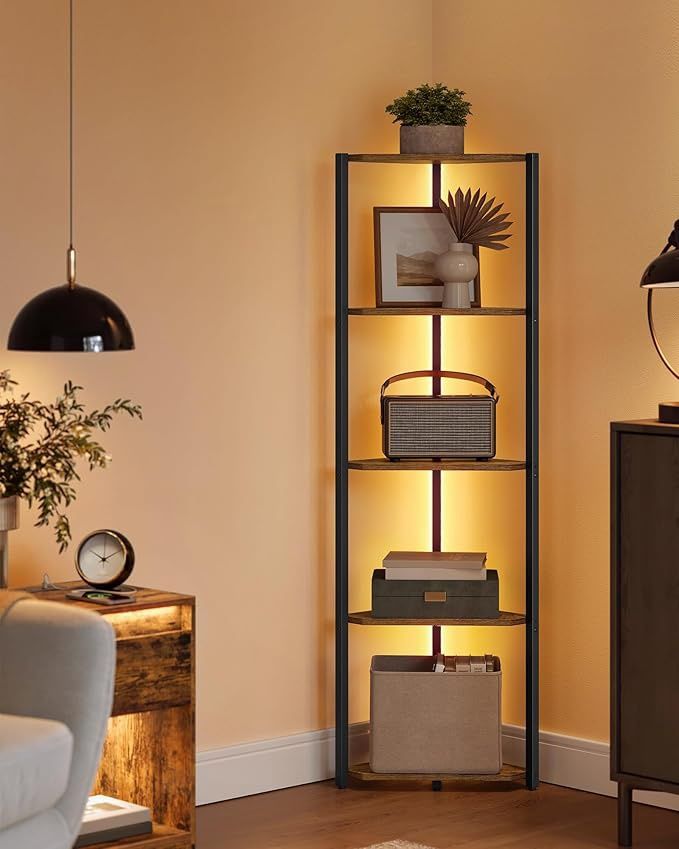 VASAGLE Corner Shelf Stand with LED Lights, 5-Tier Corner Bookshelf, Storage Shelf