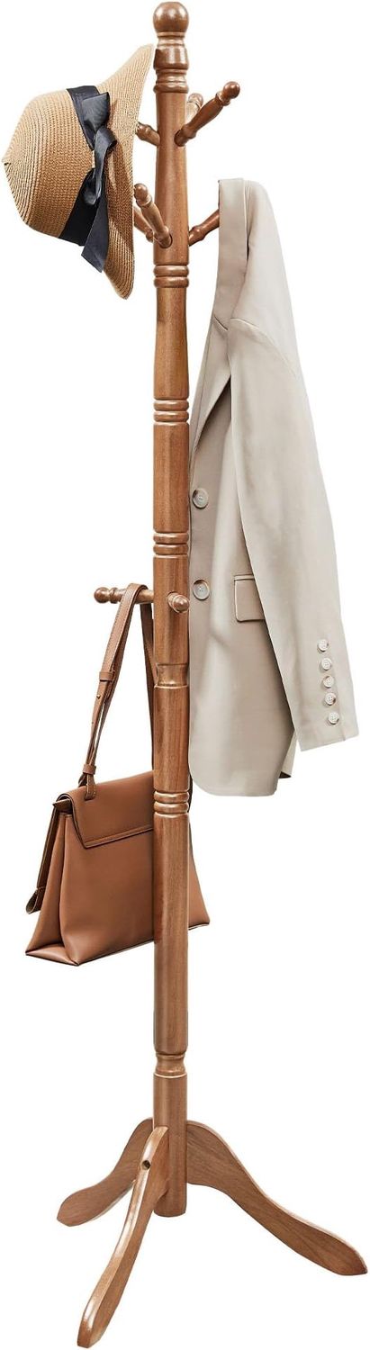 VASAGLE Solid Wood Coat Rack and Stand, Free Standing Hall Coat Tree with 10 Hooks