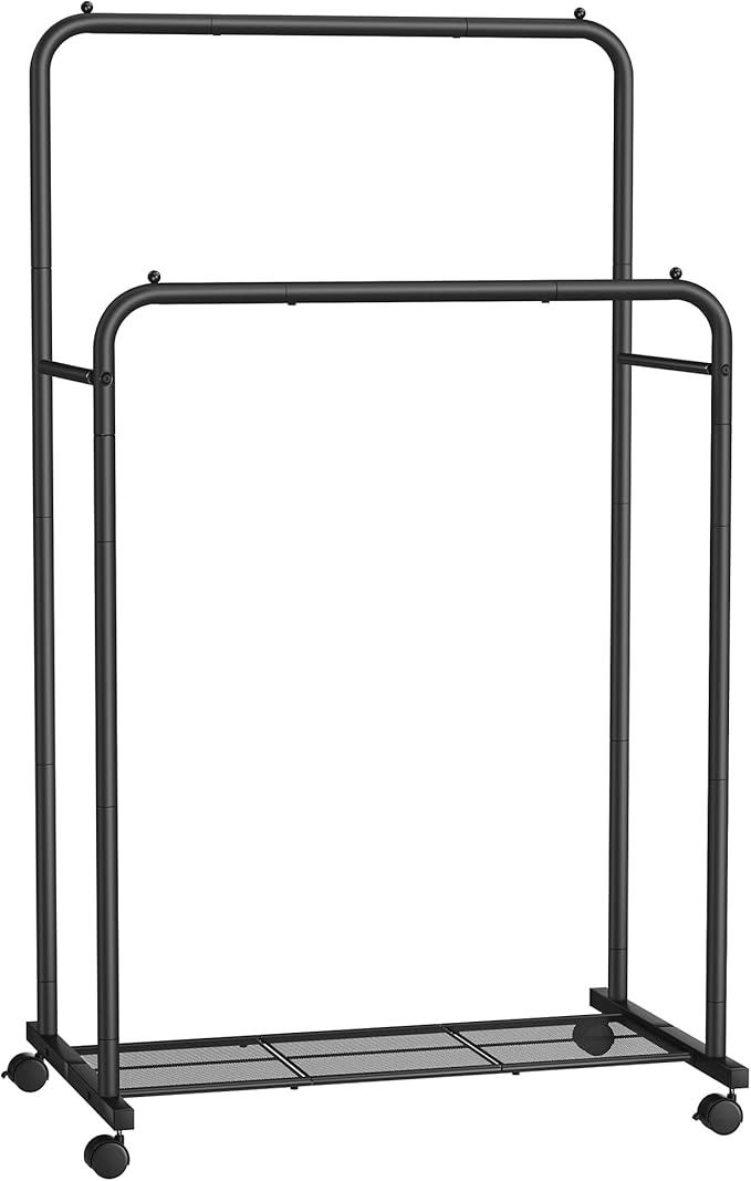 SONGMICS Double Rods Clothes Rack with Wheels, Clothing Rack for Hanging Clothes