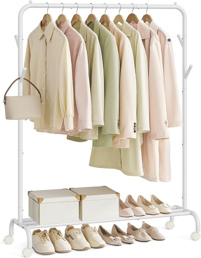 SONGMICS Clothes Rack, Single-Rod Clothing Rack with Wheels, Heavy-Duty Metal Frame